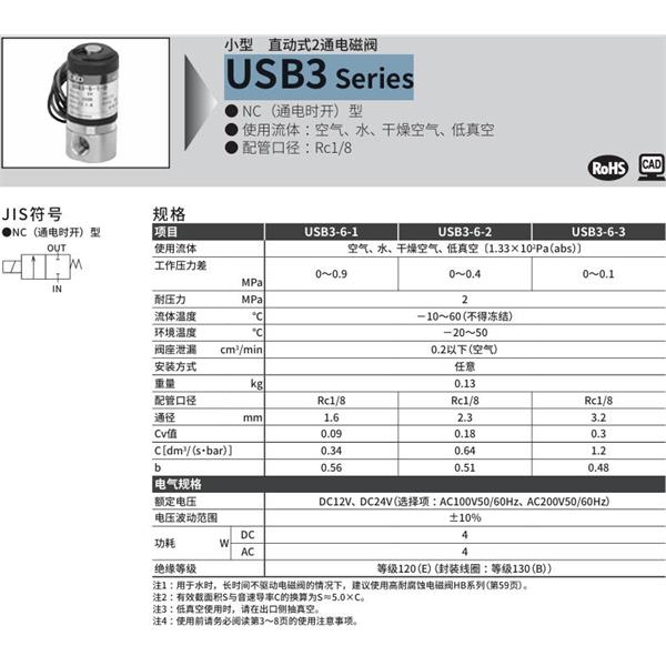 CKD喜開理多種流體小型直動式2通電磁閥USB3-6-3-B-DC12V
