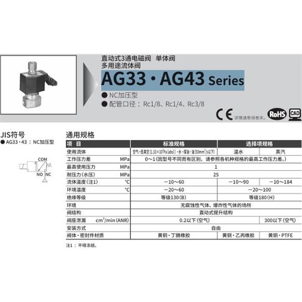 CKD喜開理多種流體直動式2通電磁集成閥AG33-01-1-AC100V
