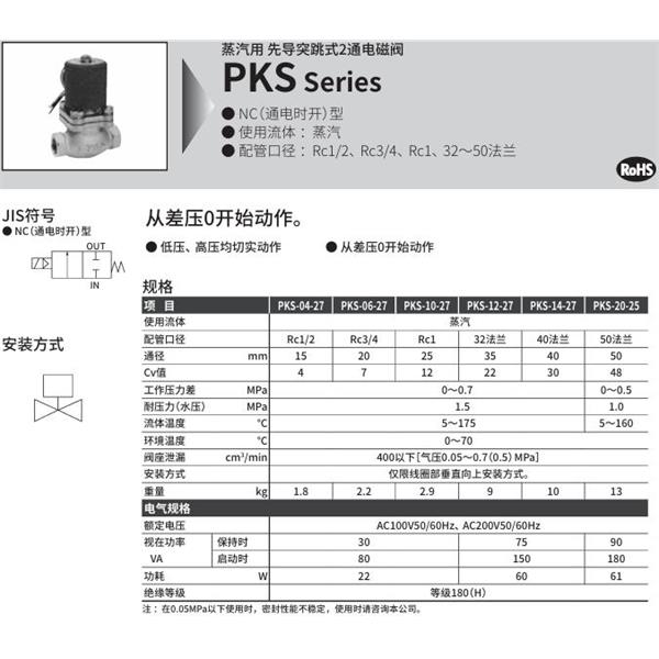 CKD喜開理蒸汽用先導突跳式2通電磁閥PKS-04-27-AC200V