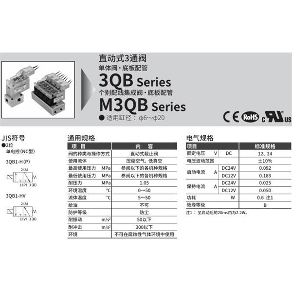 CKD喜開理直動式3通電磁閥3QB110-M5-D20H-3