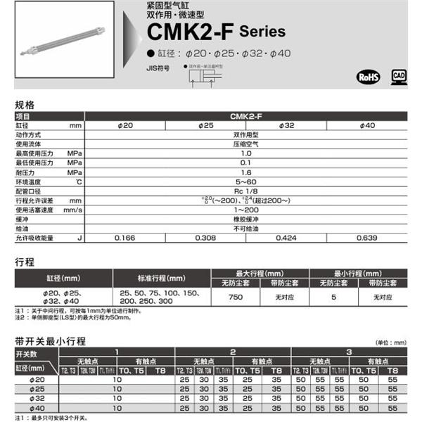 CKD喜開理緊固型氣缸CMK2-F-FA-40-100-MI