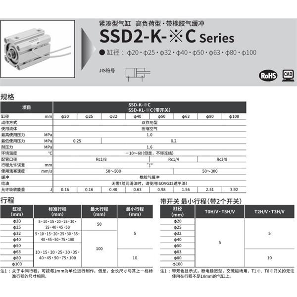 CKD喜開理緊湊型氣缸SSD2-K-40C-10-N-LB-I