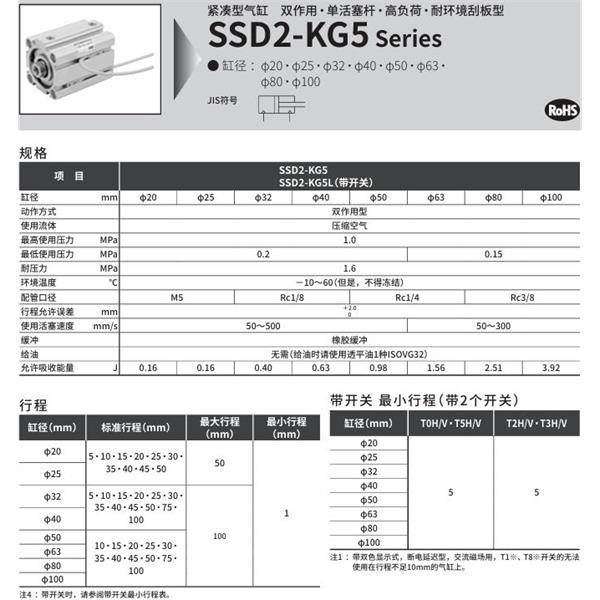 CKD喜開理緊湊型氣缸SSD2-KG5L-80-5-T0H-R-N-LB-I