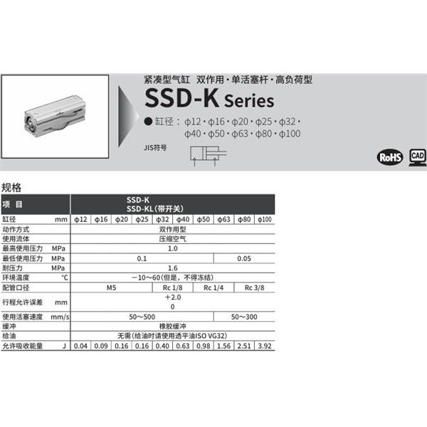 CKD喜開理超級緊湊型氣缸SSD-KL-25-5-T0H-R-N-LB-I
