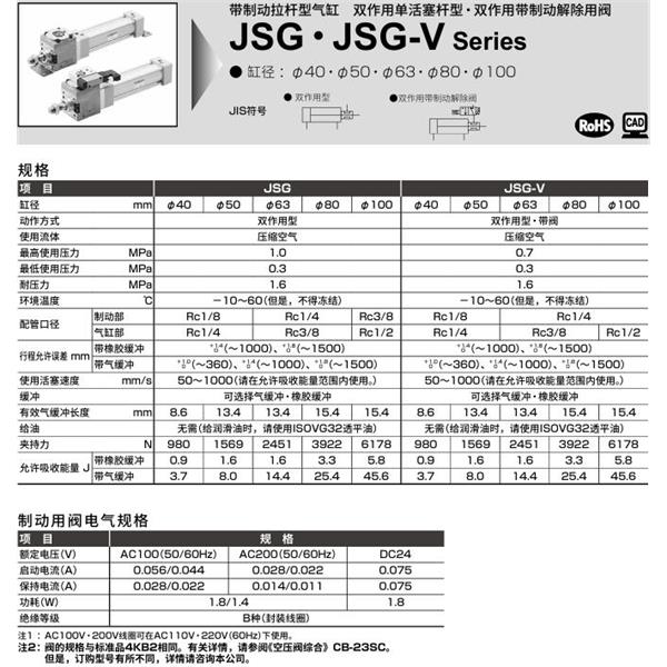 CKD喜開理帶制動拉桿型氣缸JSG-V-TB-80B-100-JI